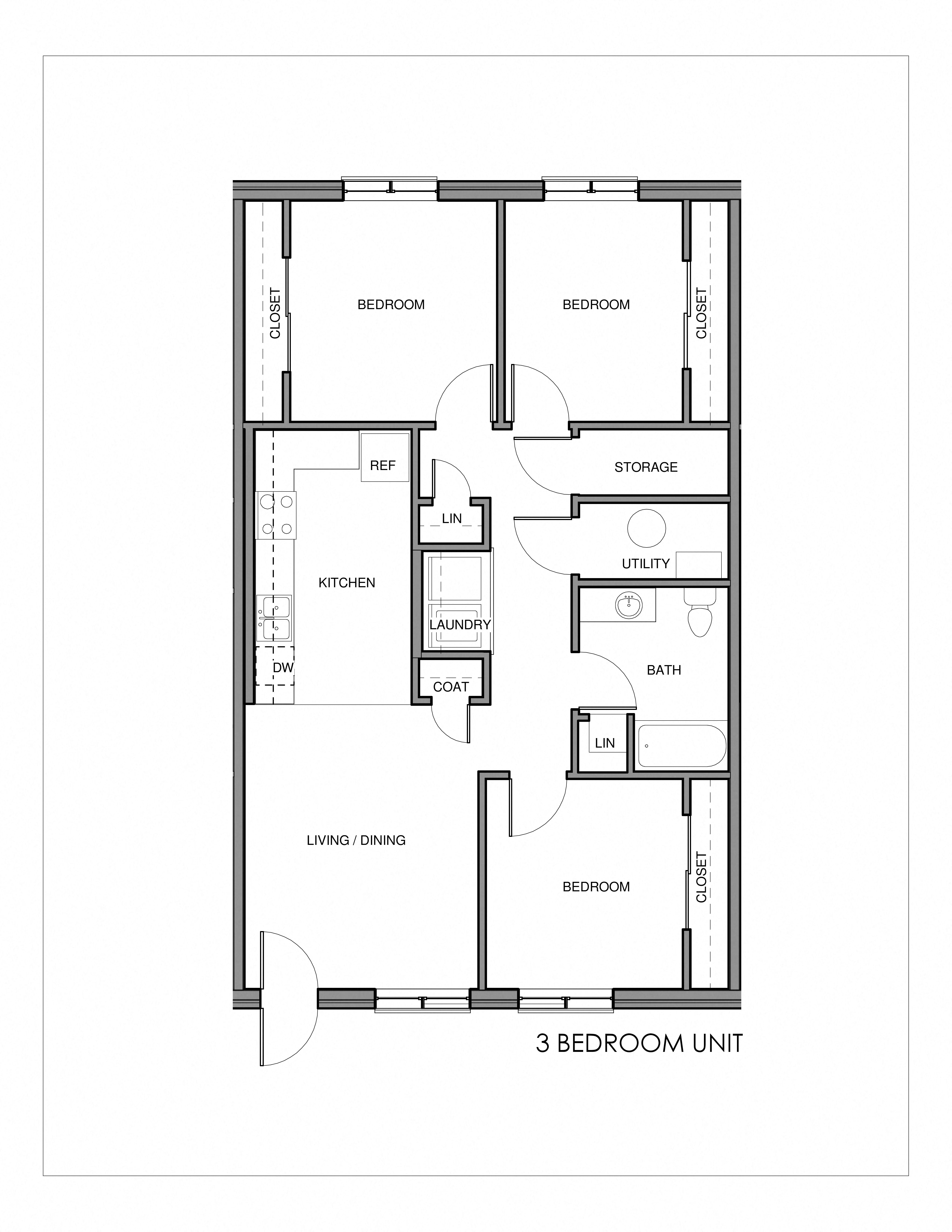 Floor plan for 3 beds, 1 bath, 1048 sqft